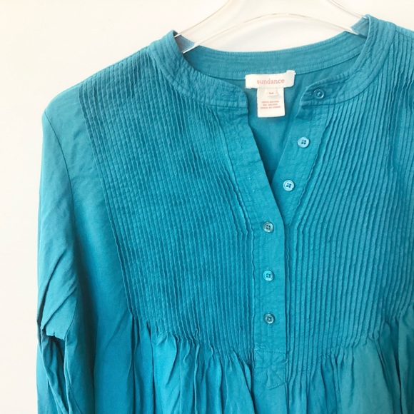 Sundance Long Sleeve Pintuck Crinkle Henley Blouse - Teal - M - Picture 2 of 7